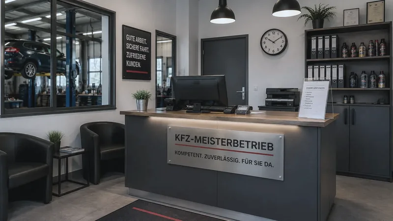 Empfangstresen der Werkstatt mit Blick in die Halle