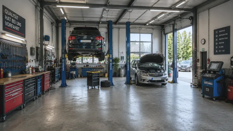 Werkstatthalle in ganzer Breite mit mehreren Arbeitsplätzen