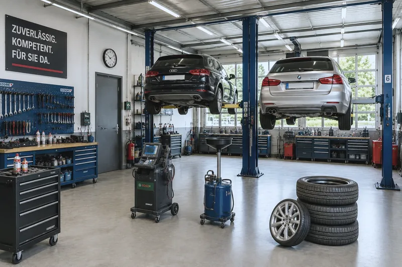 Zwei Fahrzeuge auf Hebebühnen, daneben das Klimaservicegerät